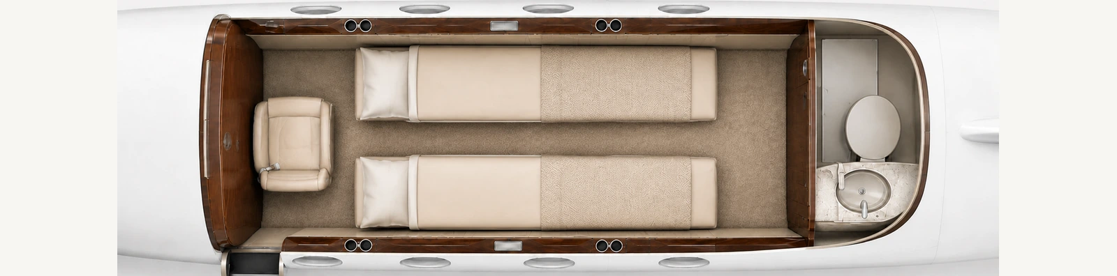 Sleeping cabin configuration for Cessna Citation M2 9H-1MA with two parallel berths, a fifth passenger seat and a separate aft toilet