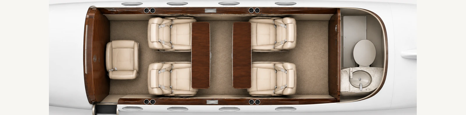 Day cabin configuration for Cessna Citation M2 9H-1MA with five passenger seats, two tables and a separate aft toilet