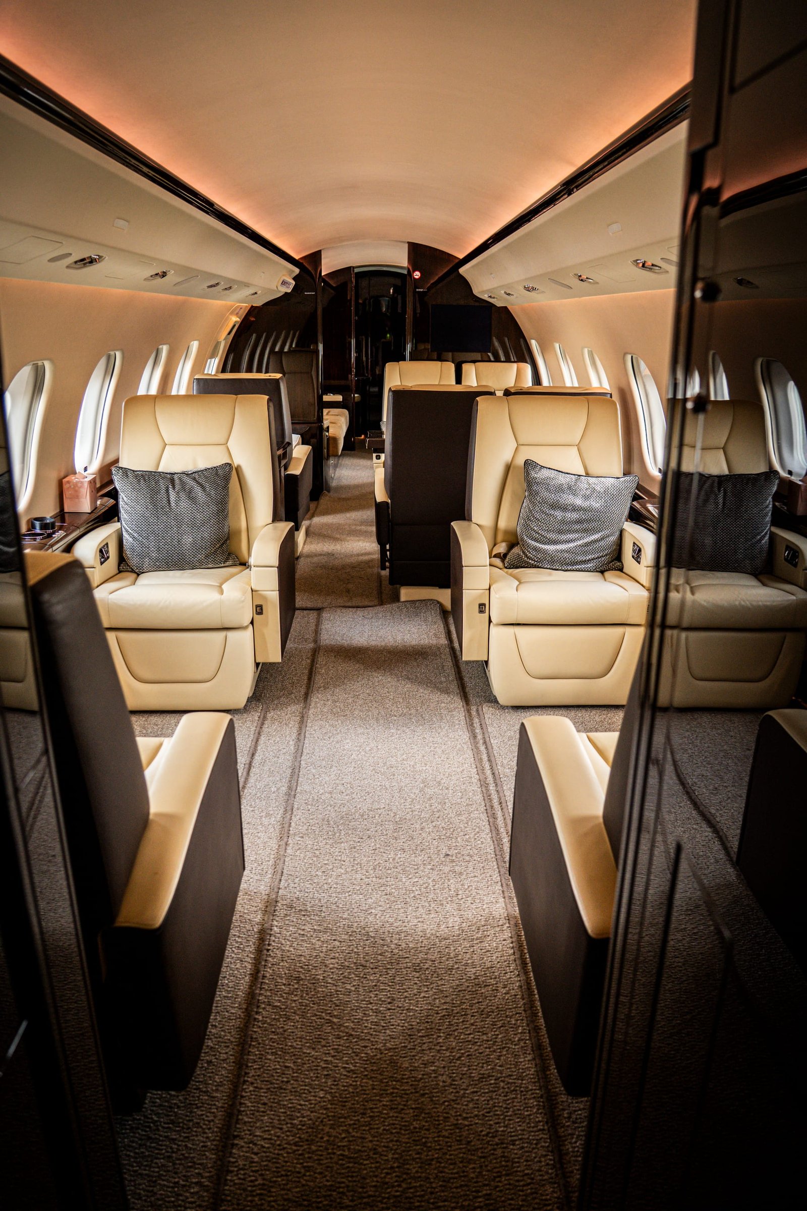 Bombardier Global Express XRS cabin aisle with facing leather seats